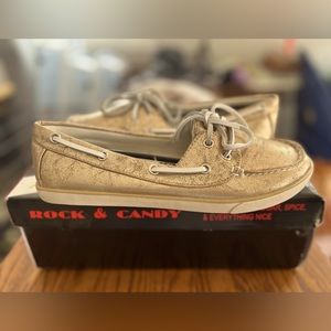 Never worn, in box! Gold boat shoes